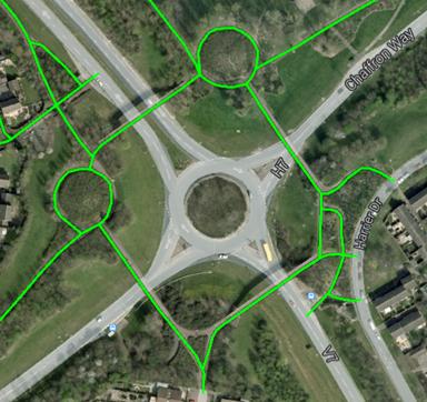 Figura 3 – Outra, desta vez com passagens superiores! (Via pedonal e ciclável partilhada em verde)  Fonte: GoogleMaps 